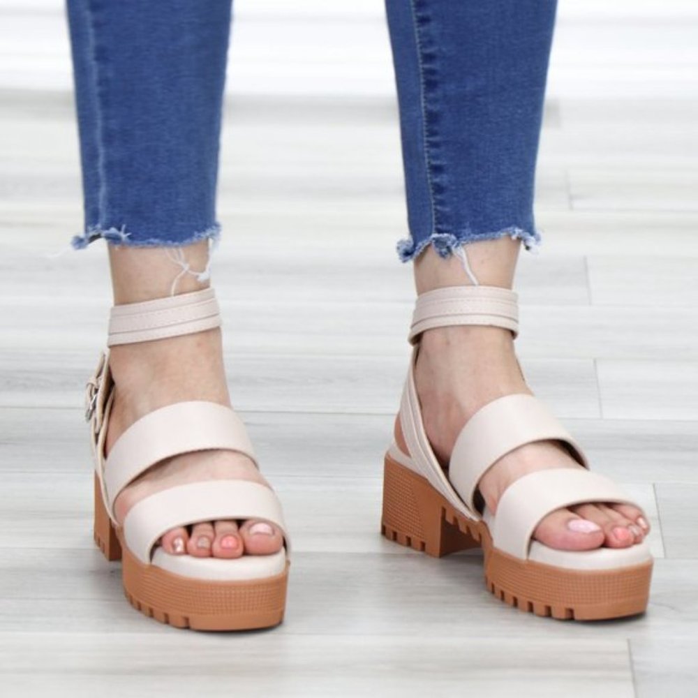 Nude Strappy Chunky Heel Sandal Faux Leather - Picture 11 of 12